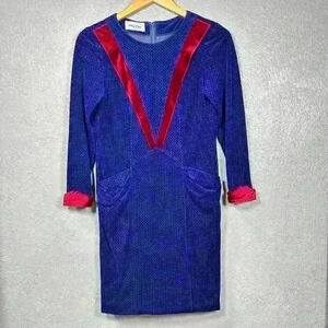 VINTAGE Ming Ying Japanese Blue Velour 1950s Mini Dress Long Sleeve Women Small